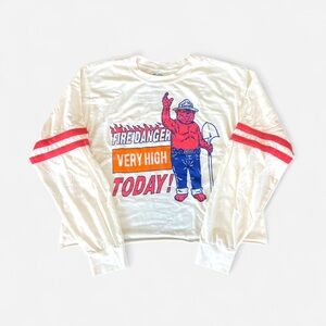 Mighty Fine Cream Long Sleeve Crop Top with Fire Danger Graphic
